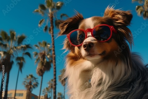 Adorable canine with stylish shades relaxing on a tropical vacation, blank space for text © chelmicky