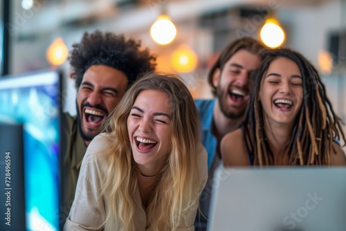 A Group of Young Professionals Laughing and Sharing a Light-Hearted Moment in a Creative Workspace, Embodying Teamwork and Happiness - Joyful Collaboration © Studio PRZ