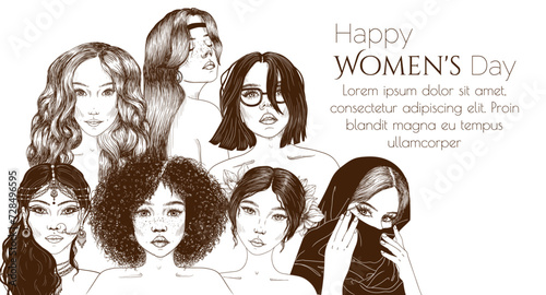 Vector illustration for International Women's Day. Set of 7 girls of different nationalities in engraving style