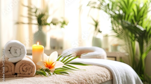 Serene Spa Setting With Rolled Towels, Candle, and Fresh Flowers in Daylight