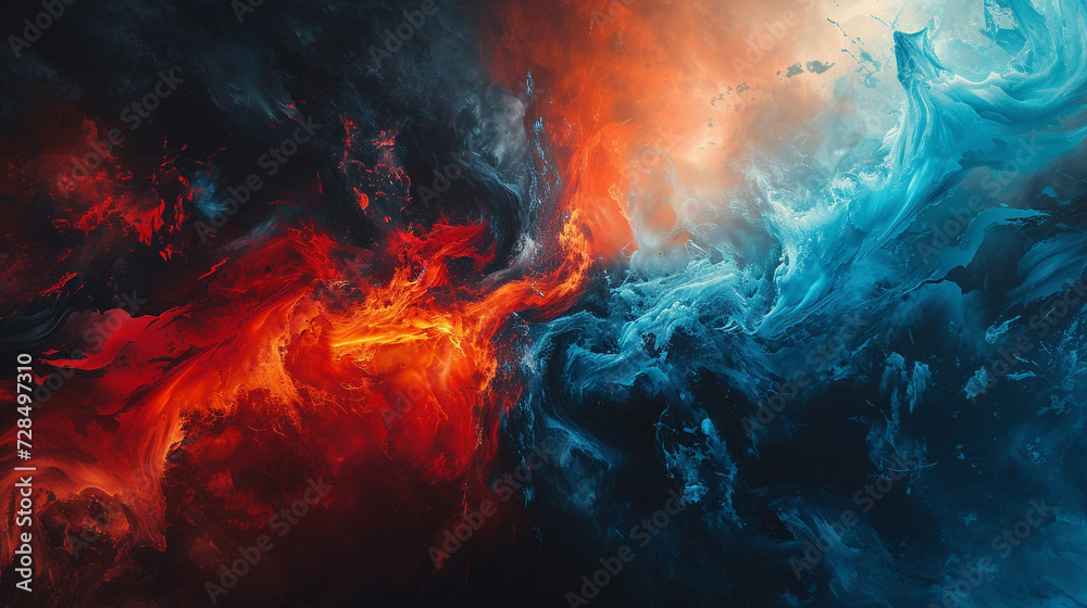 Behold the dynamic clash of fiery red and electric blue, an abstract collision of opposing forces that sparks an explosion of vibrant energy and intensity. 