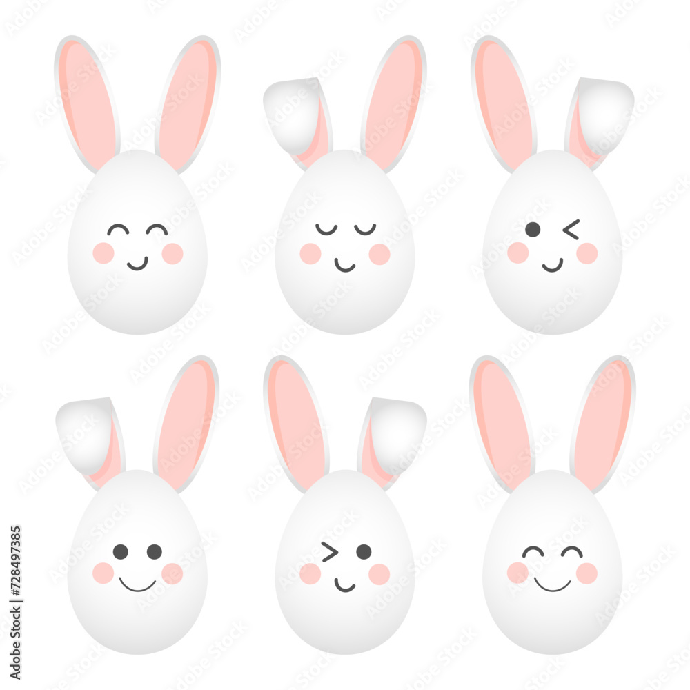 Set of Easter Bunny faces with different emotions. Holiday icons, stickers, decor elements, vector