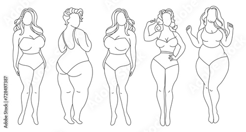 Silhouettes of women with different figures, set, sketch. Body positivity concept. Line art, vector
