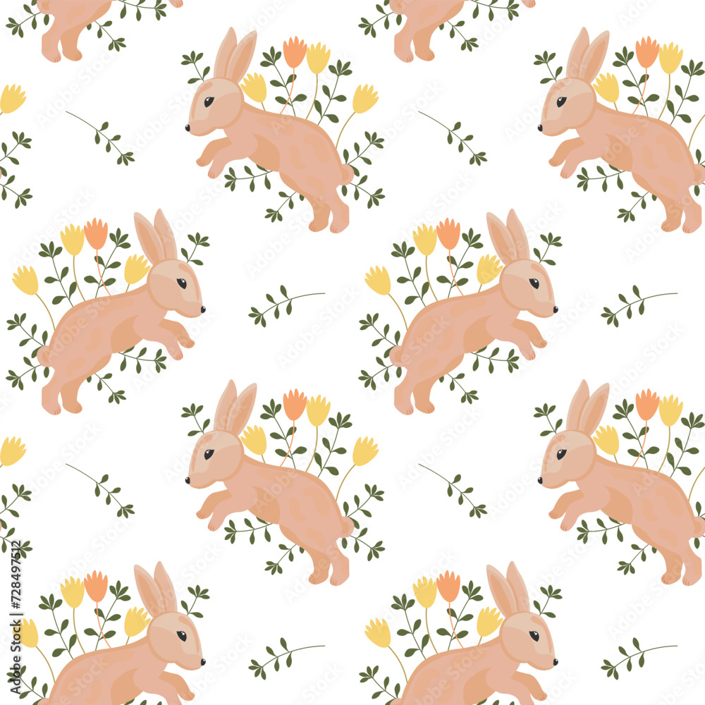 Seamless pattern, cute Easter bunnies and spring flowers on a white background. Holiday print, illustration, background, vector Seamless pattern, cute Easter bunnies and spring flowers on a white background. Holiday print, illustration, background, vector