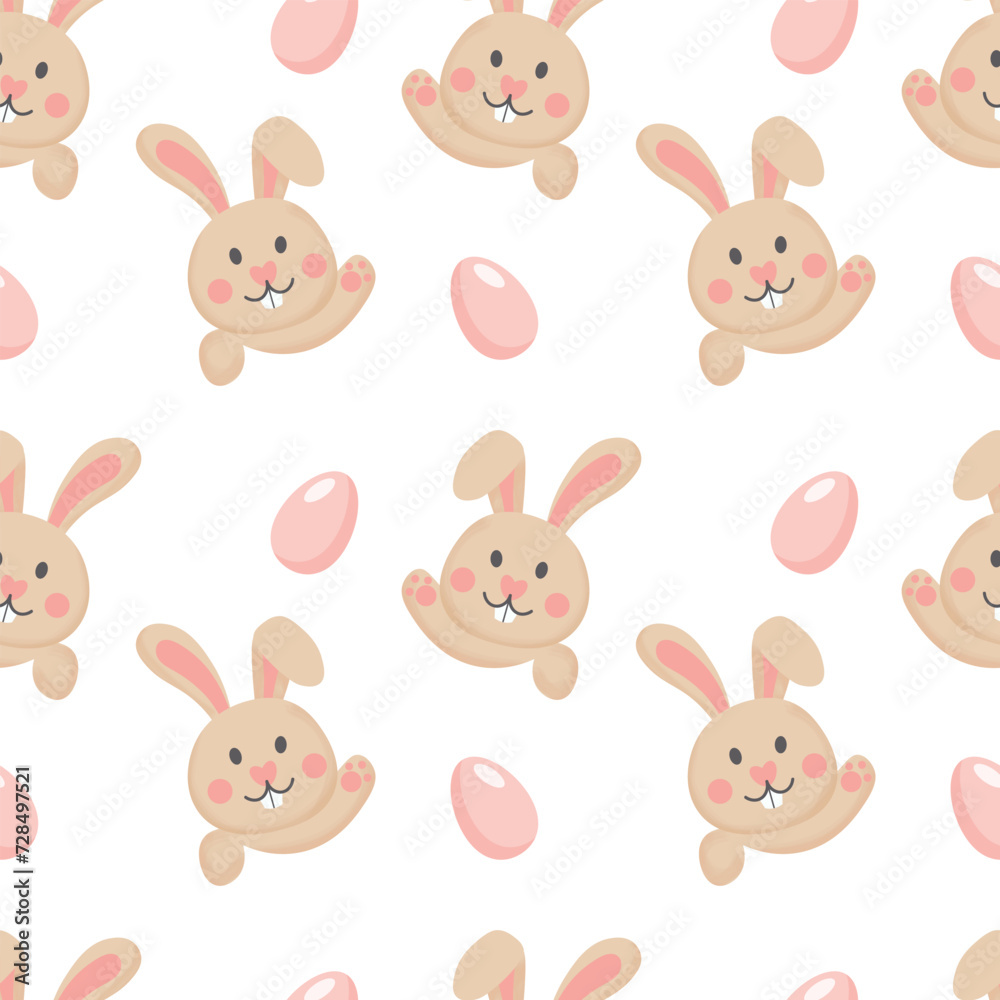 Seamless pattern, funny faces of Easter bunnies and eggs on a white background. Festive background, print, textile, vector