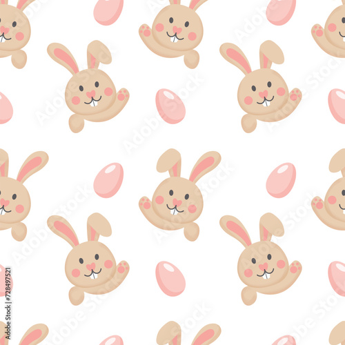 Seamless pattern, funny faces of Easter bunnies and eggs on a white background. Festive background, print, textile, vector