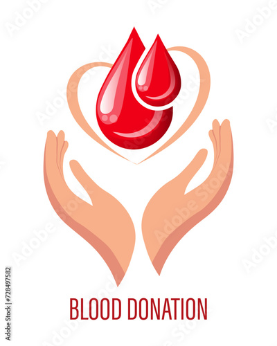 World Donor Day, heart and drops of blood in hands. Medicine concept. Banner, poster, vector