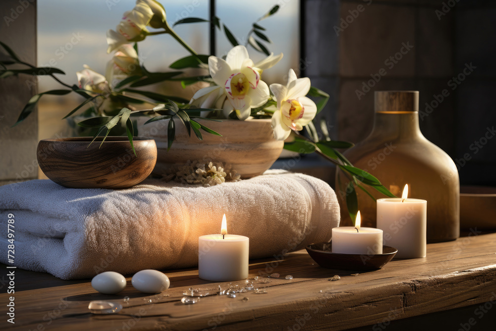 Burning candles, towels and flowers in a vase. Hotel spa concept