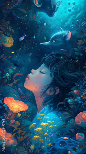 A girl and fox in the aquarium