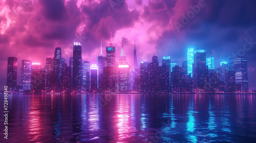 Dive into an abstract cityscape at twilight, where neon magenta and electric blue lights paint the skyline, creating a futuristic and vibrant urban panorama.  © Adnan's Stock 