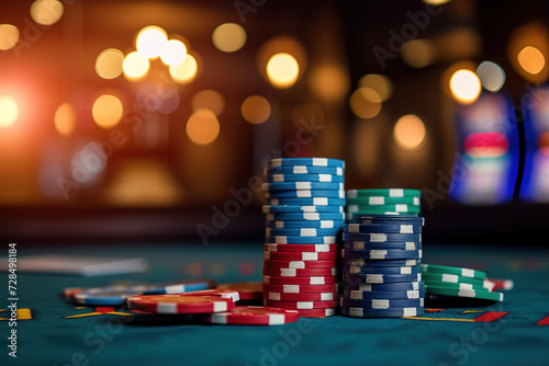 wallpaper poker advertising with poker chips pand blurred background, with empty copy space