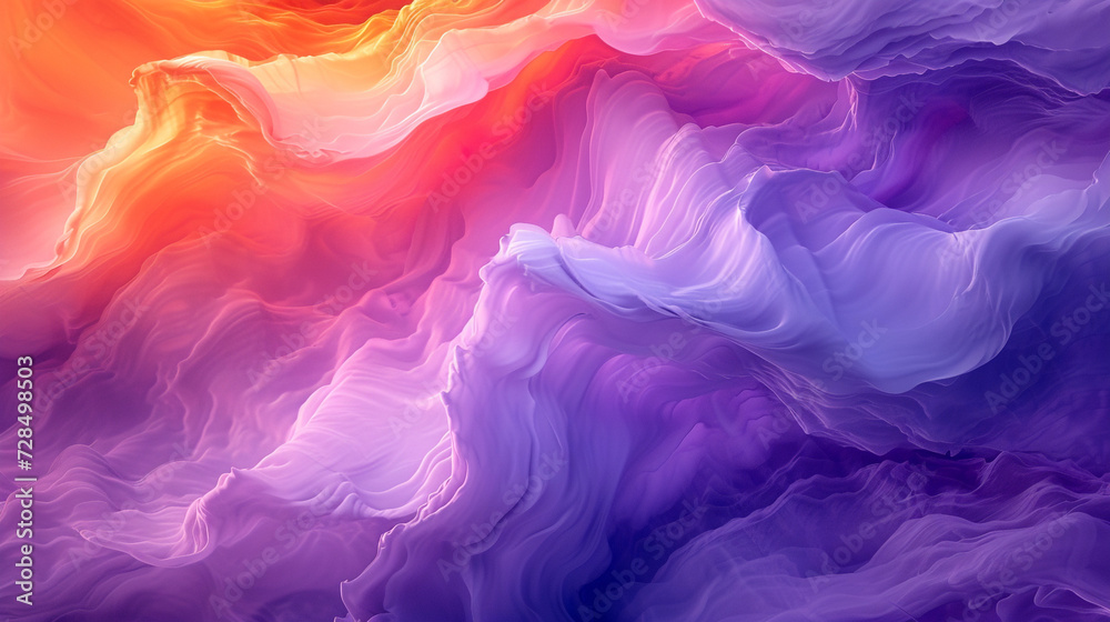 Dynamic gradients of mango orange and lavender swirl together, forming an abstract representation of a vibrant sunset. 