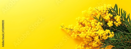 Vibrant Yellow Mimosa Flowers in Full Bloom Against a Yellow Background