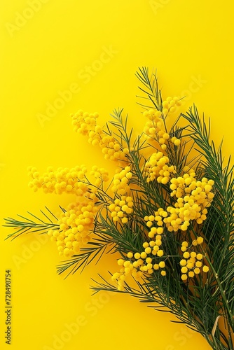 Vibrant Yellow Mimosa Flowers in Full Bloom Against a Yellow Background