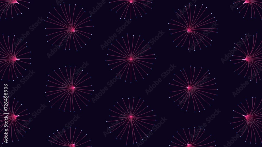 A symmetrical pattern of pink dots linked by lines creates a seamless design on a black background. The repetition forms a continuous circular pattern A symmetrical pattern of pink dots linked by lines creates a seamless design on a black background. The repetition forms a continuous circular pattern