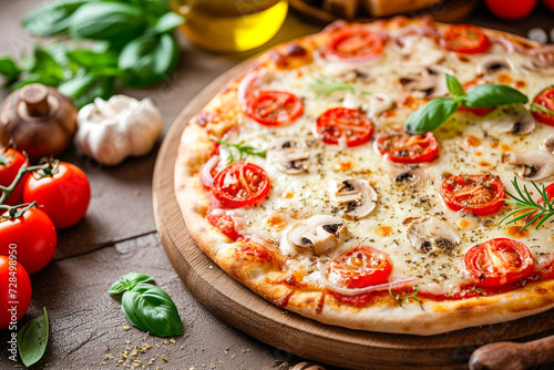 Tomato, mozzarella and mushroom pizza and its ingredients.