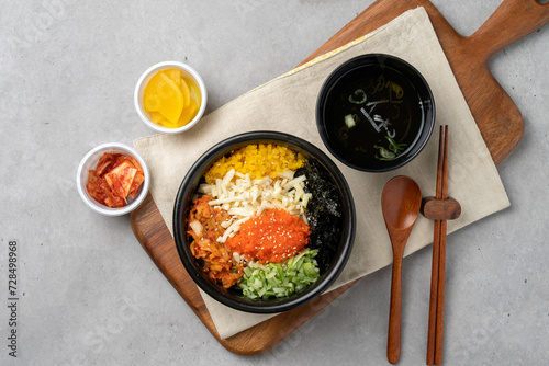 Korean food, snack, gimbap, bulgogi, rice bowl, bibimbap, stir-fried spicy pork, cheese, flying fish roe, rice cake, dumpling soup, tteokbokki, sundae, and Rabokki photo