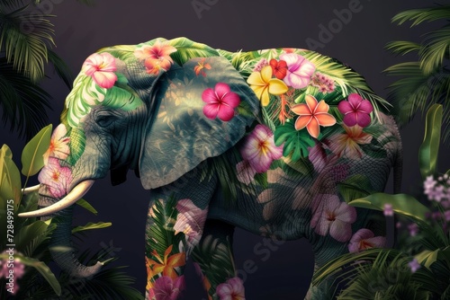 An elephant roams through the jungle, its skin adorned with vibrant tropical flowers and lush plants, creating a stunning display of nature's beauty.