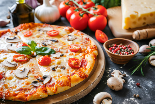 Delicious pizza with tomatoes, mozzarella and mushrooms, on a rustic table with its ingredients.