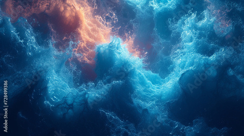 Dynamic waves of cerulean and coral collide, evoking a sense of oceanic depth and emotional turbulence.  © Adnan Haider