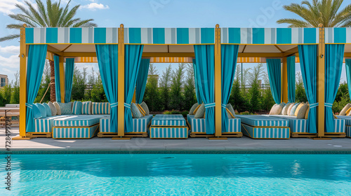 Elegant beach pool in a luxury hotel with poolside cabana outdoor seating photo
