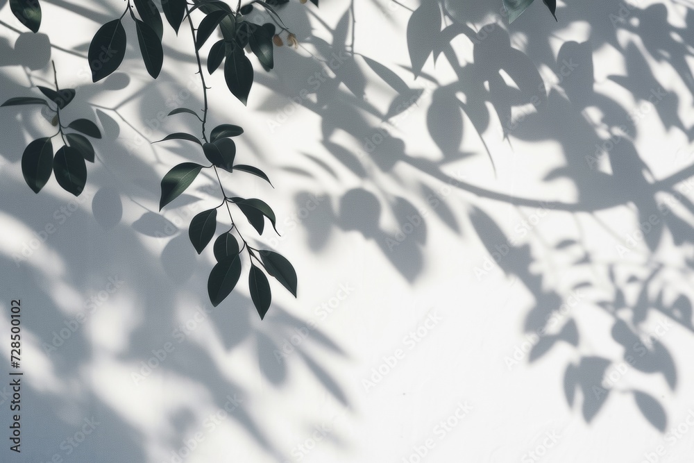 The shadow of palm leaves cast a serene overlay on the wall, creating a plant-inspired texture as light filtered through the window and danced across the surface. - obrazy, fototapety, plakaty 