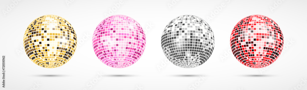 Disco ball set. Realistic shiny mirror disco ball collection. Vector - obrazy, fototapety, plakaty 