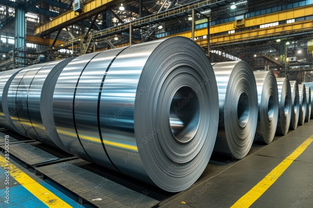 Large rolls of galvanized sheet steel await processing in a bustling factory warehouse, where coils of metal are stacked high alongside iron and aluminium sheets.