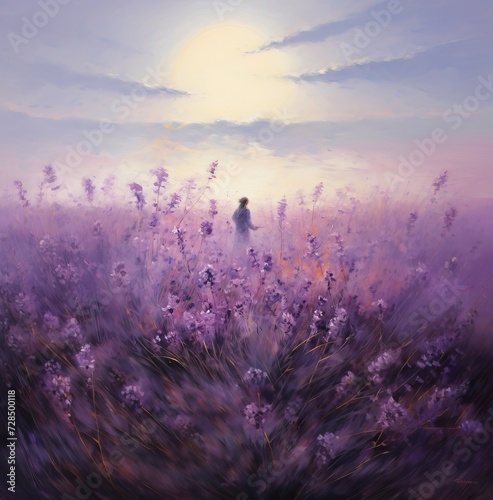 Dreamy and romantic lavender field composition in an oil painting style, painting, art on canvas