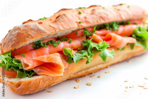Sandwich from baguette with smoked salmon, cream cheese and lettuce leaves