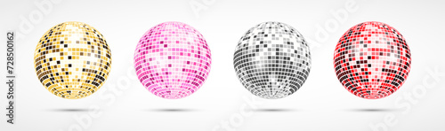 Disco ball set. Realistic shiny mirror disco ball collection. Vector photo