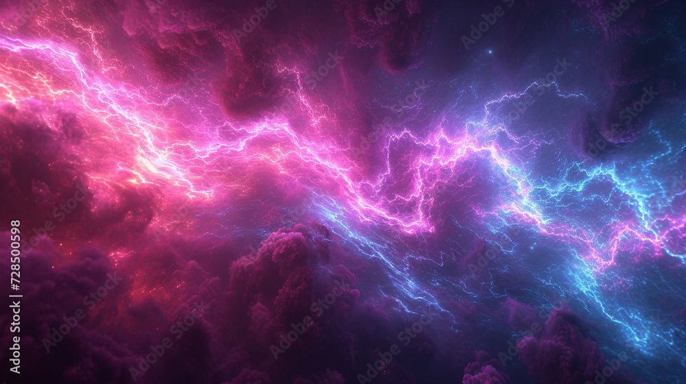 Electric flashes of neon green and magenta collide, generating an abstract explosion of vibrant energy. 