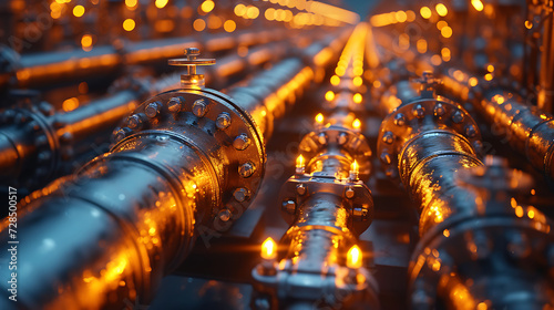 metal pipeline for oil on blurred background. Chemical distribution for petroleum products