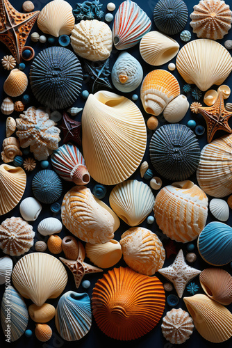 Pattern of sea shells on sand background. Summer vacation concept © Sunshine
