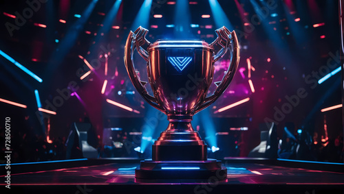 At the heart of the computer game championship, the esports winner's trophy stands tall on the stage, encircled by dual lines of powerful gaming computers, all aglow with chic and futuristic neon ligh