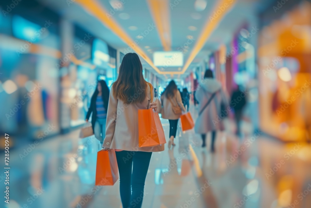 Blurred shopping scene with stylish women at the mall..Shoppers rush through the mall Blurred shopping scene with stylish women at the mall..Shoppers rush through the mall