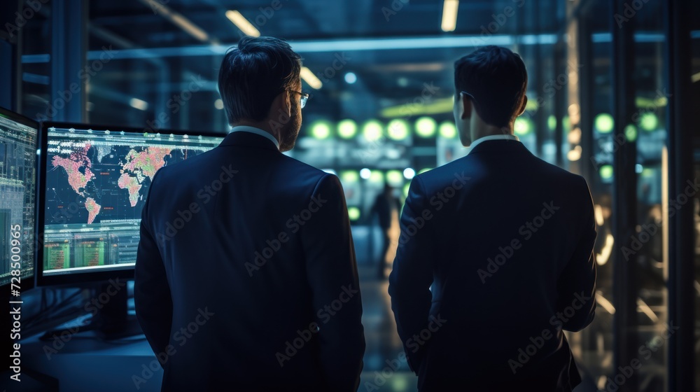 Fototapeta premium IT specialists confer at a meeting and discuss news in the computer industry