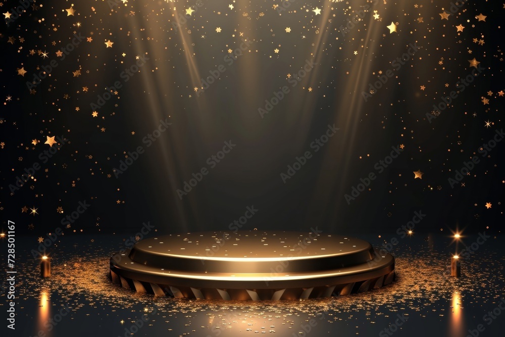 Introducing our luxurious gold pedestal, perfect for displaying your premium products on a dais adorned with glistering stars and abstract bokeh. - obrazy, fototapety, plakaty 