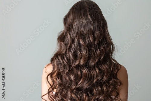 Capture the essence of elegance with this stunning back view of a young woman, showcasing her shiny brown hair full of volume and natural curls, styled to perfection.
