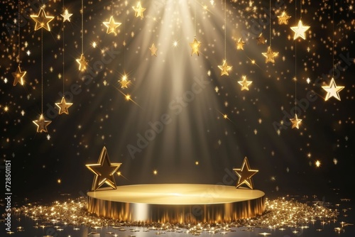 Introducing our luxurious gold pedestal, perfect for displaying your premium products on a dais adorned with glistering stars and abstract bokeh.