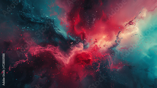 Energetic splashes of crimson and teal converge, creating an abstract explosion of passion and vitality. 