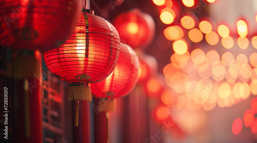 Chinese New Year - Paper Lanterns Glowing with Twinkle Lights Effect in Background - Holiday Theme - With Copy Space
