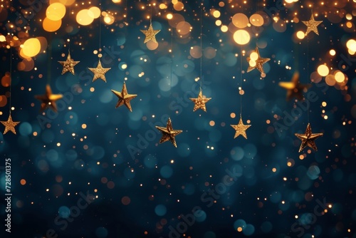 Get ready to celebrate the holidays with this abstract festive dark background, featuring glimmering gold stars that add a touch of elegance to any New Year or birthday celebration.