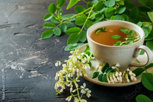Enjoy a cup of moringa herbal tea on a rustic wooden table, surrounded by fresh leaves and flowers. This detoxifying tea is a perfect dietary supplement for a healthy lifestyle.