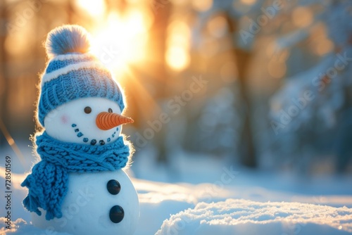 Cute and funny snowman dressed in a cozy blue knitted bobble hat and scarf, standing in a snowy winter forest, ready to spread holiday cheer.