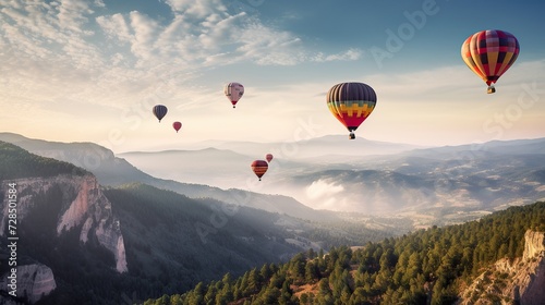 Colorful hot air balloons flying over mountain © fajar