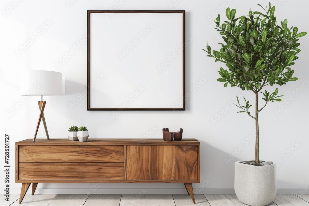 Enhance your living room with this farmhouse-style interior, featuring a blank poster frame mockup on a white wall, perfectly complemented by a wooden sideboard and fresh green plant. - obrazy, fototapety, plakaty 