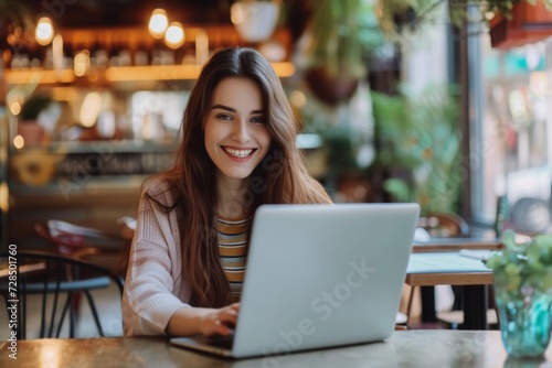 A young woman, smiling as she sits in a cafe, uses her laptop to work on her college assignments, embracing the convenience of remote learning.