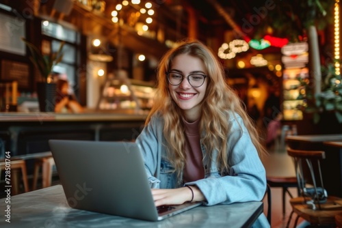 A young woman  smiling as she sits in a cafe  uses her laptop to work on her college assignments  embracing the convenience of remote learning.