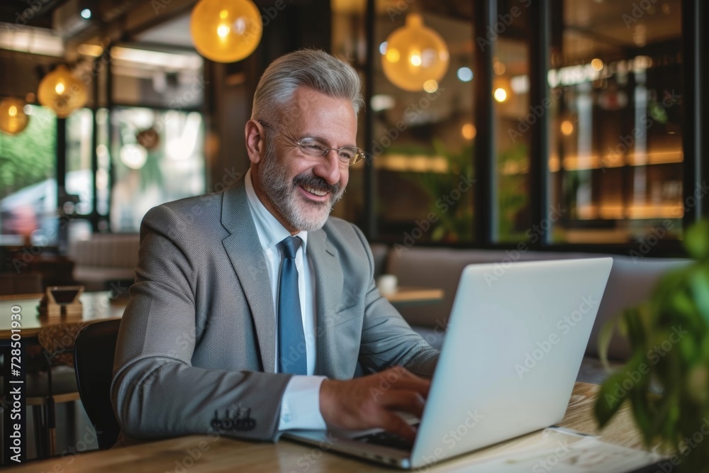 The happy mature business man smiles as he manages his remote team through a virtual video meeting on his laptop, demonstrating his skills as an executive. The happy mature business man smiles as he manages his remote team through a virtual video meeting on his laptop, demonstrating his skills as an executive.